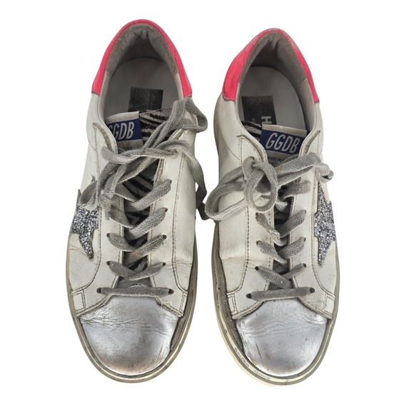 Golden Goose Hi Star Leather Sneakers Silver Glitter Star Pink Heel Size 37 US 7 - Picture 1 of 8